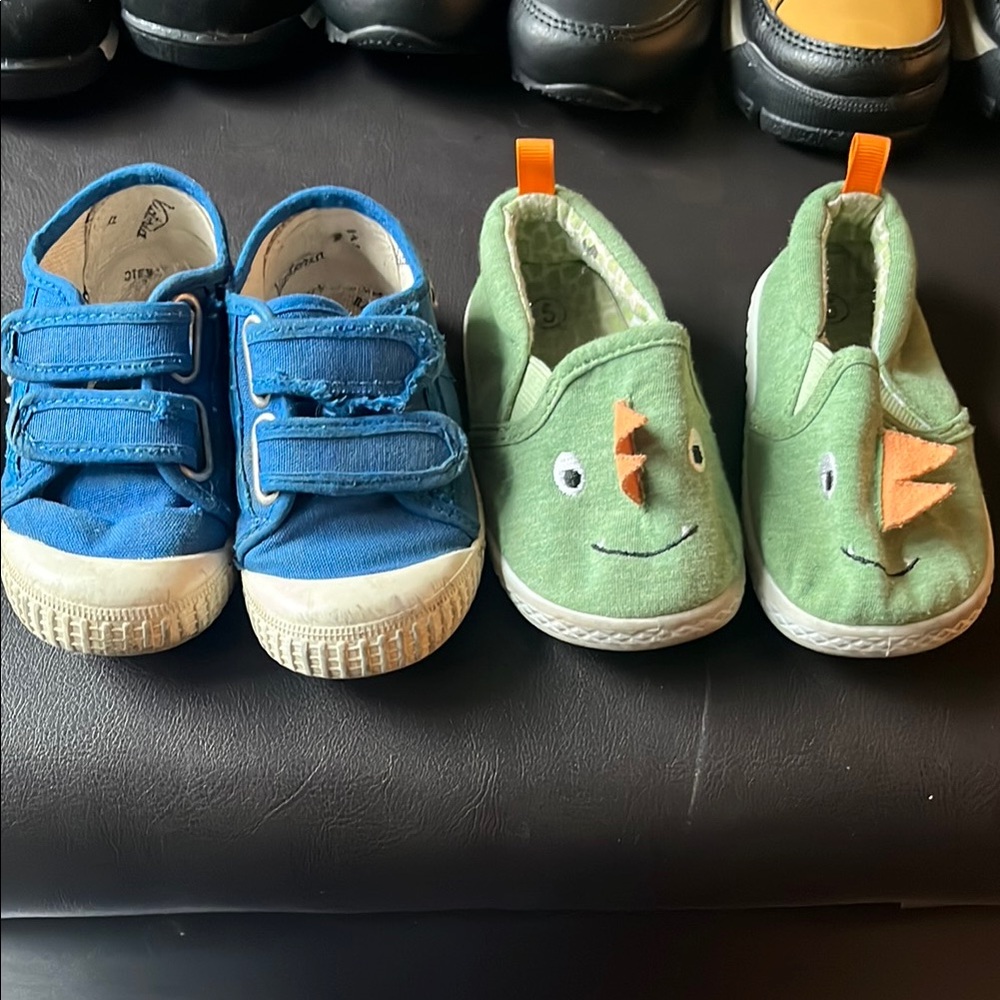 Kids' Blue Shoes and Green Dinosaur SlipOns size toddler 5